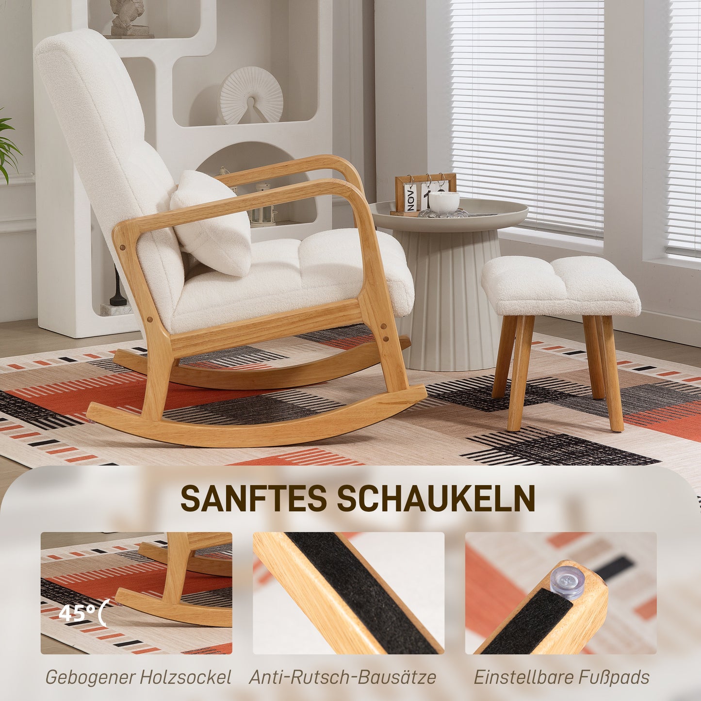 HOMCOM Schaukelstuhl mit Fußhocker, Fleece-Bezug, Hohe Rückenlehne, Holzbeine, Fußpads, Weiß