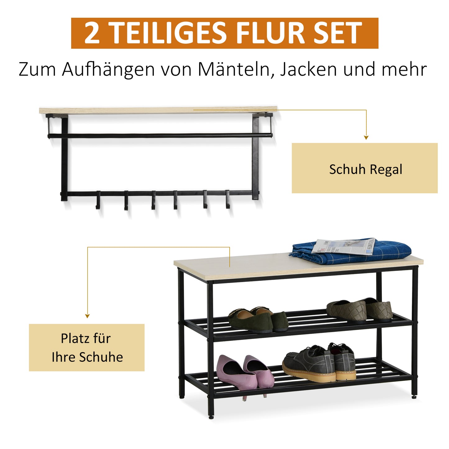 HOMCOM 2-in-1 Garderobenset Flurgaderobe mit Sitzbank Wandgarderobe für Eingangsbereich, 6 Haken, Natur+Schwarz, 75 x 30 x 45 cm(Sitzbank)