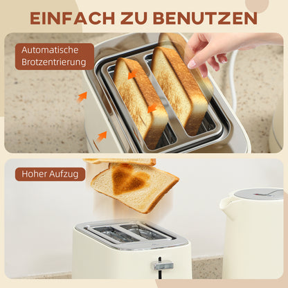 HOMCOM Set aus 1,7 L Wasserkocher und Toaster mit 6 Bräunungsstufen, Beige