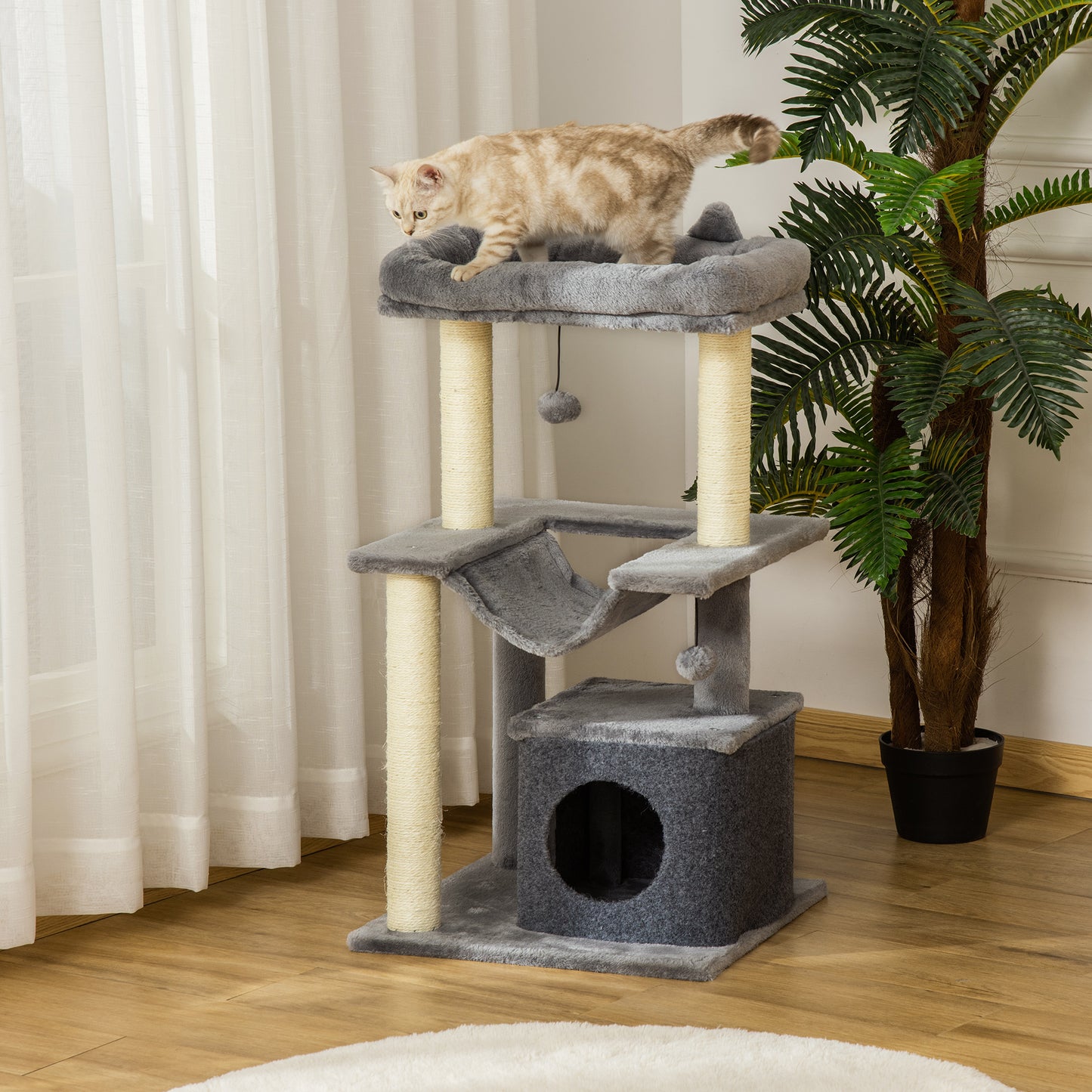 PawHut Katzenbaum 90 cm Kratzbaum mit Hängematte Spielbaum Katzenhöhle Plattformen Kletterbaum Katzenkratzbaum Aktivitätskratzbäum Plüsch Sisal Grau