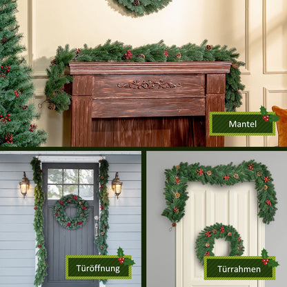 HOMCOM Weihnachtsgirlande 1,9m Tannengirlande Weihnachtsdeko mit Tannenzapfen Beeren Künstliche Girlande Weihnachtsgirlande für Innen & Außen, Grün
