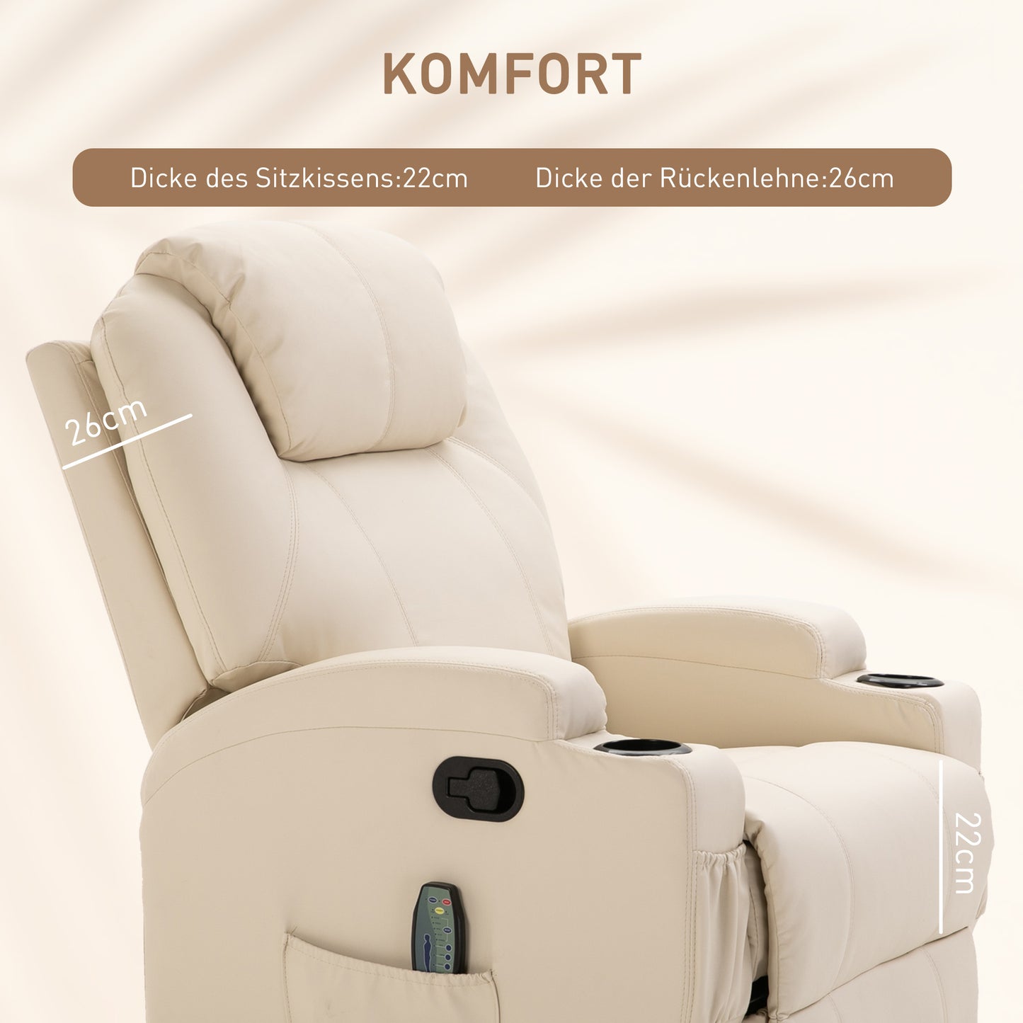 HOMCOM Massagesessel Elektrisch Relaxsessel Fernsehsessel Massagefunktion 5 Massage-Modi Liegefunktion Kunstleder Holz Metall Schaumstoff Cremeweiß 84 x 92 x 109 cm