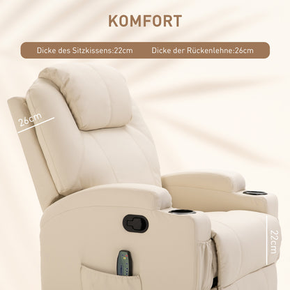 HOMCOM Massagesessel Elektrisch Relaxsessel Fernsehsessel Massagefunktion 5 Massage-Modi Liegefunktion Kunstleder Holz Metall Schaumstoff Cremeweiß 84 x 92 x 109 cm