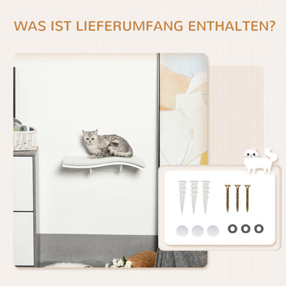 PawHut Katzen Kletterwand Katzenhängematte Katzenbett Wand Katzenregal Wandmontage Katzenmöbel Plüsch MDF Weiß 53 x 28 x 12 cm