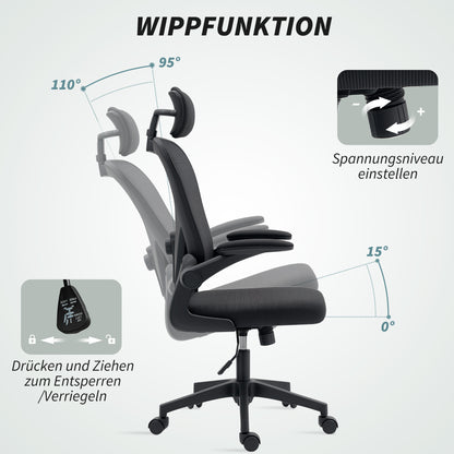 HOMCOM Bürostuhl Ergonomischer Schreibtischstuhl mit Hochklappbaren Armlehnen, Verstellbarer Lendenwirbelstütze Schwarz
