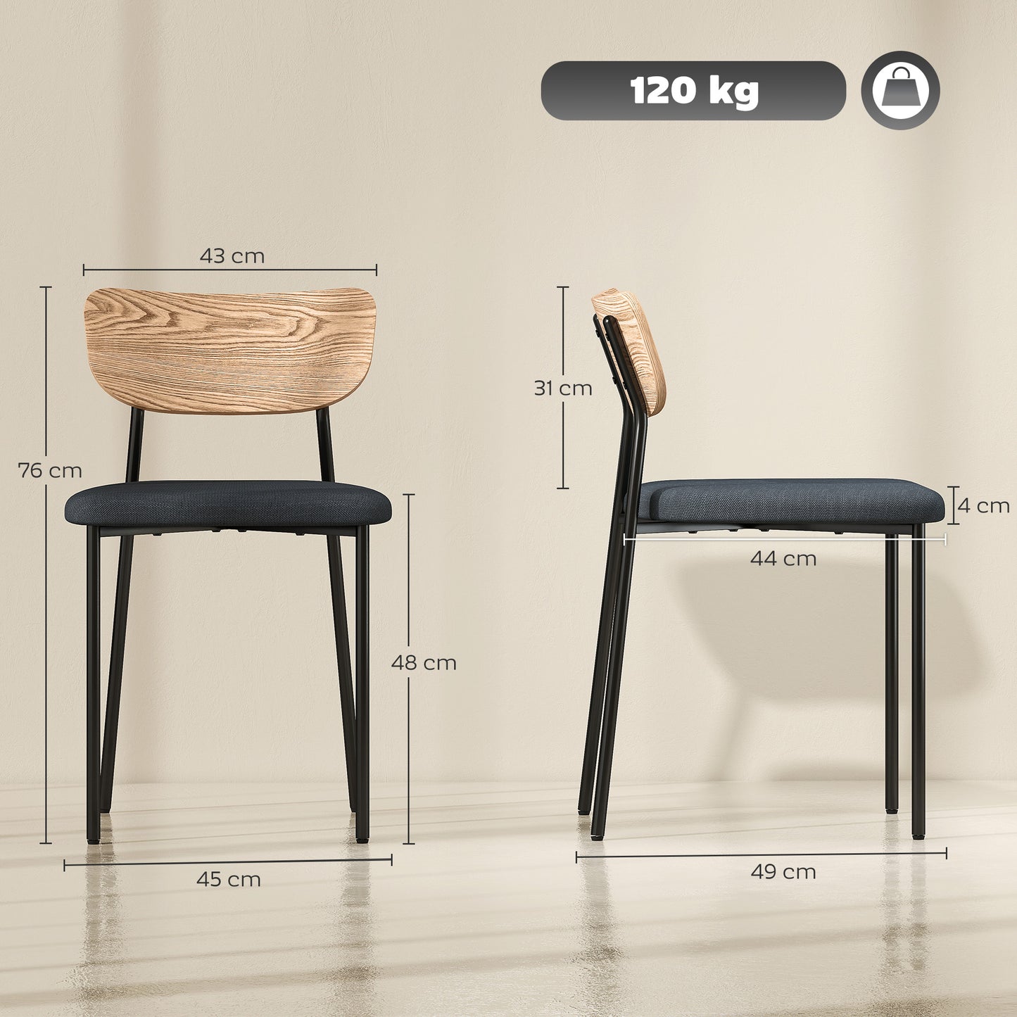 HOMCOM 2er-Set Esszimmerstühle, Leinenoptik, armloses Design, Metallbeine, Grau