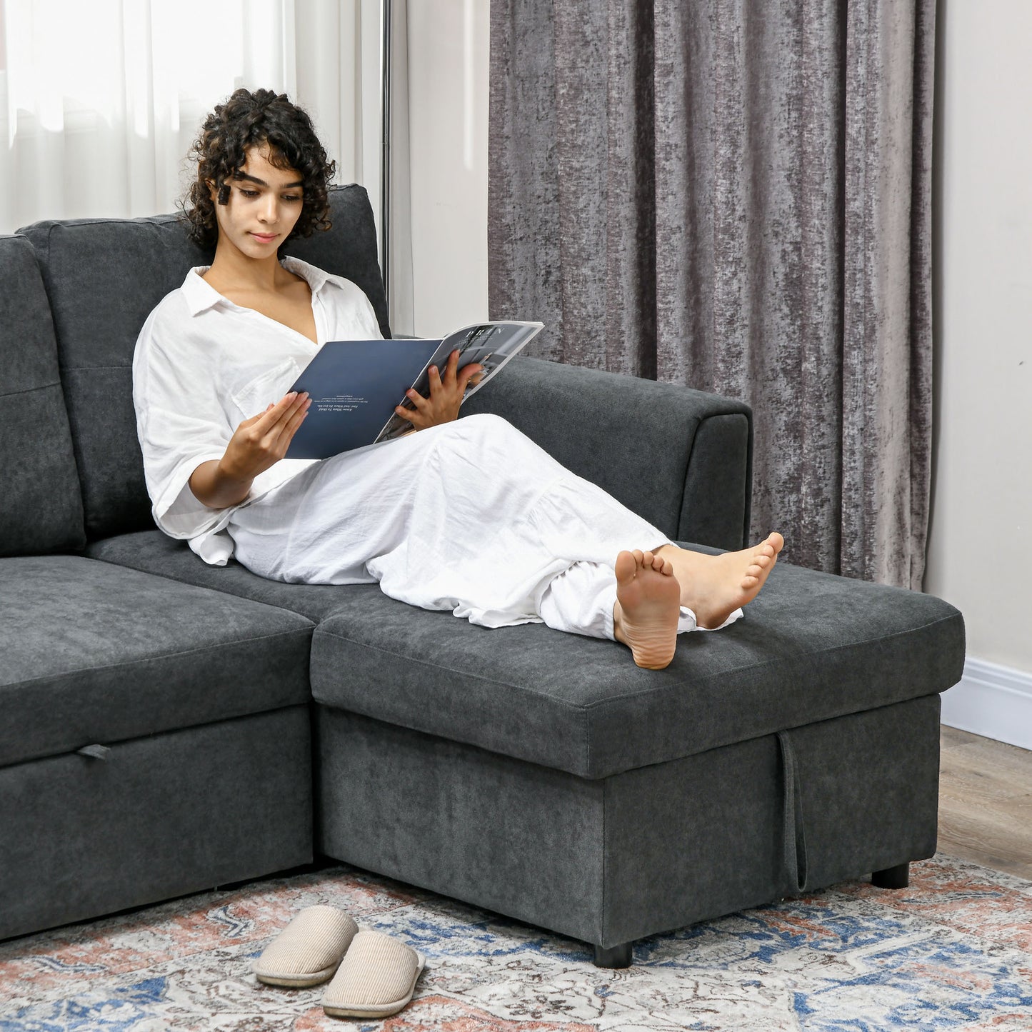 HOMCOM 3-Sitzer-Sofa mit Bettfunktion, Schlafsofa mit Chaiselongue, Polstersofa, Dunkelgrau