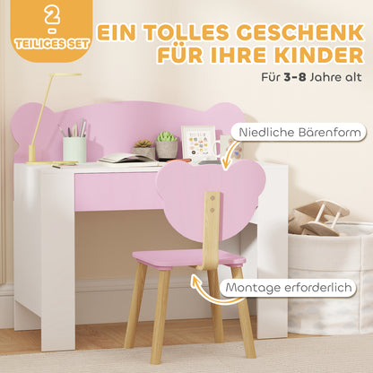 AIYAPLAY Schreibtisch-Set für Kinder, Arbeitstisch und Stuhl mit Bärenform, Schublade, zum Schreiben und Basteln, 3-8 Jahre, Rosa
