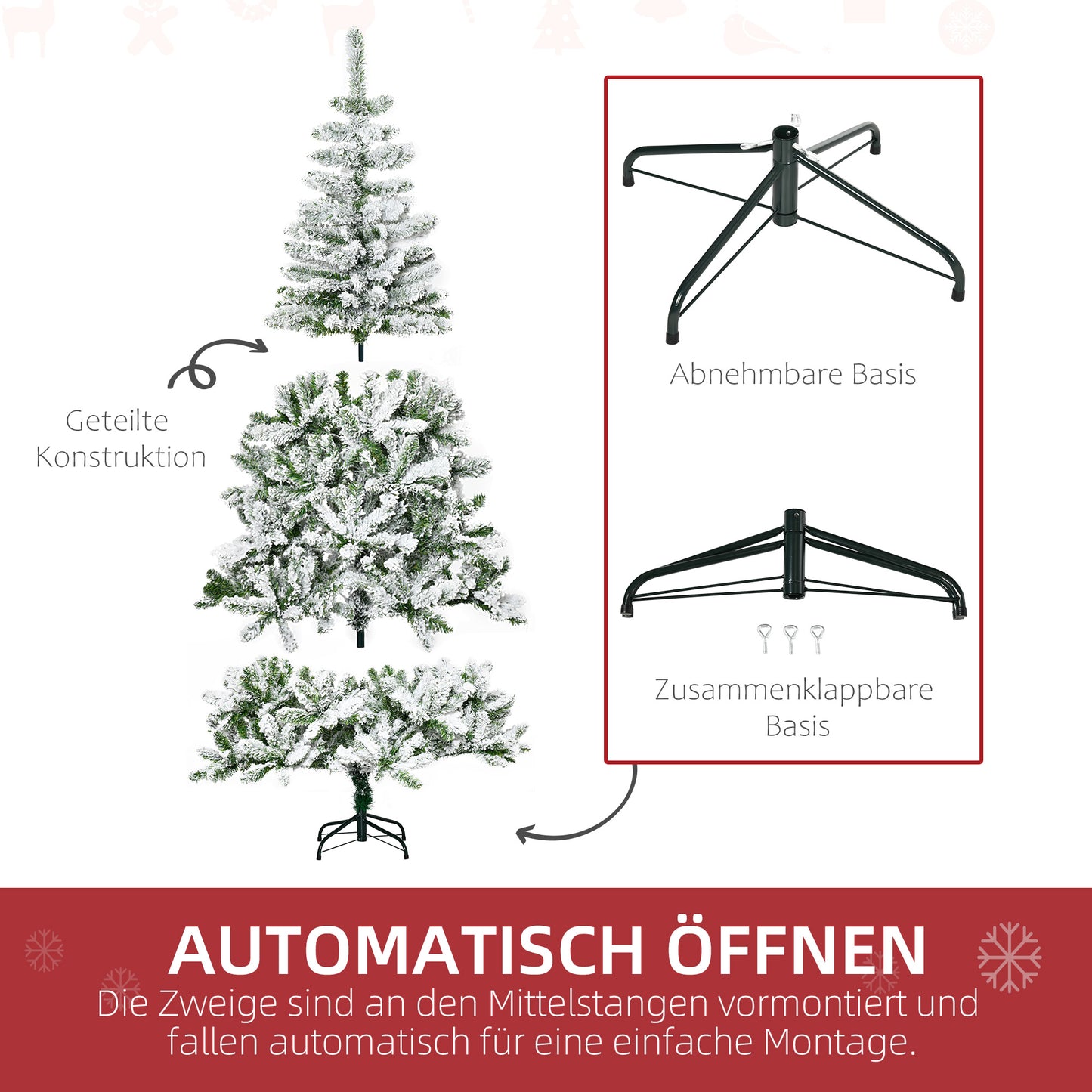 HOMCOM Künstlicher Weihnachtsbaum, Schnee-Effekt, flammenhemmend, Scharnierkonstruktion, Grün/Weiß