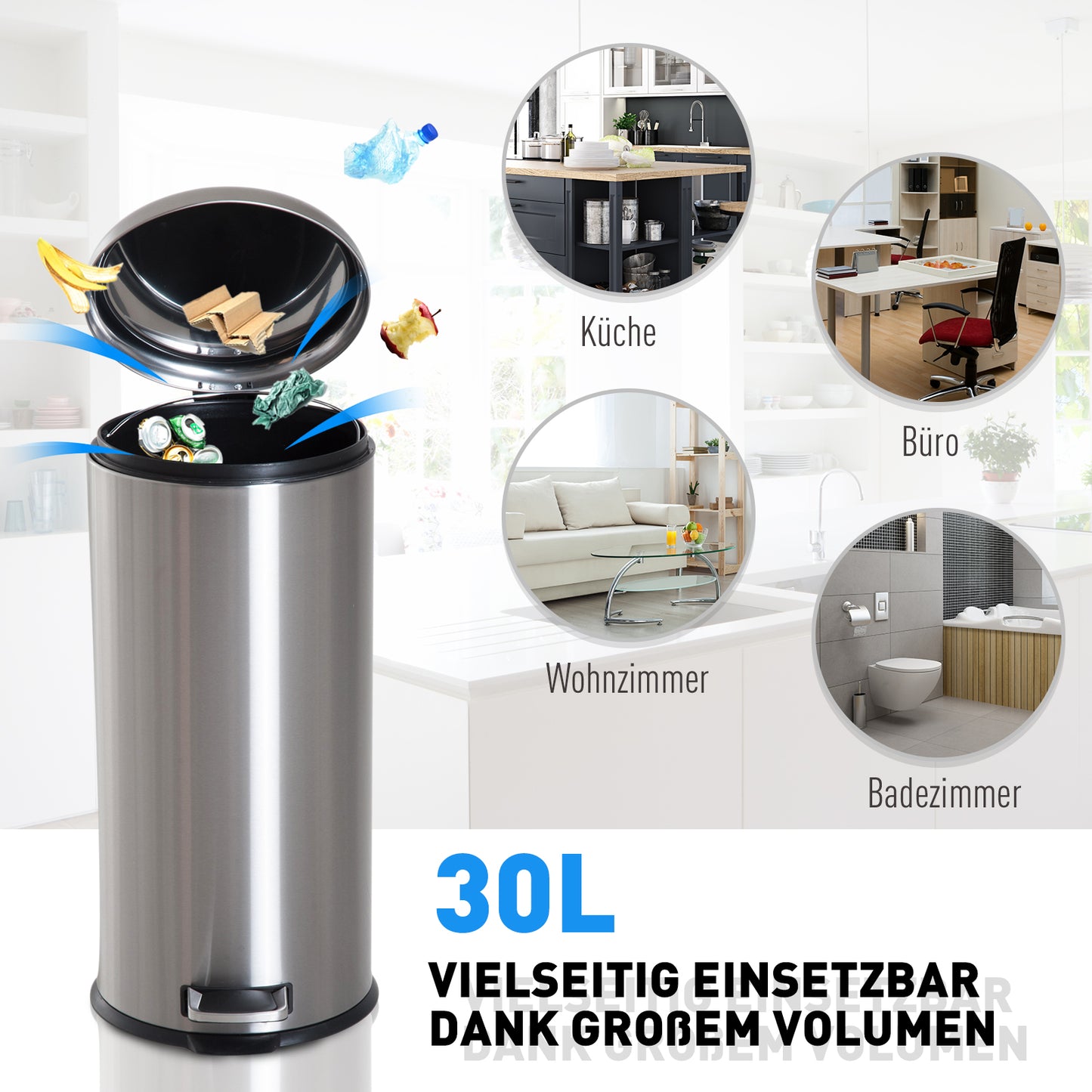HOMCOM 30L Mülleimer Abfalleimer, Papierkorb, Treteimer mit Deckel, Fußpedal, Müllbehälter mit Inneneimer, Mülltrennung für Wohnzimmer, Büro, Rund