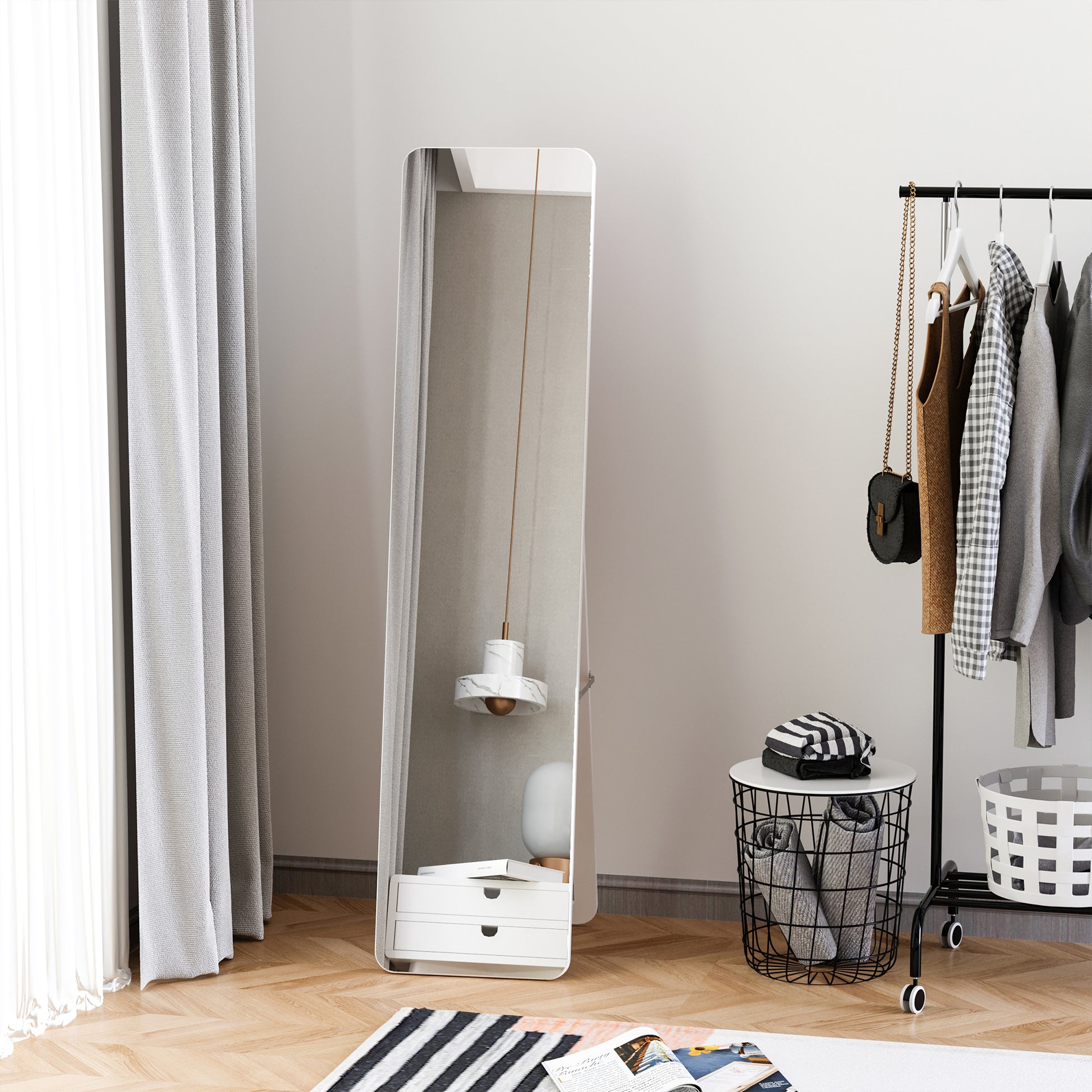 HOMCOM Standspiegel Ganzkörperspiegel mit klappbaren Rahmen Schminkspiegel frei stehend oder an der Wand montiert stabil für Wohnzimmer oder Ankleidezimmer Kiefernholz MDF Weiß 37 x 43 x 156 cm