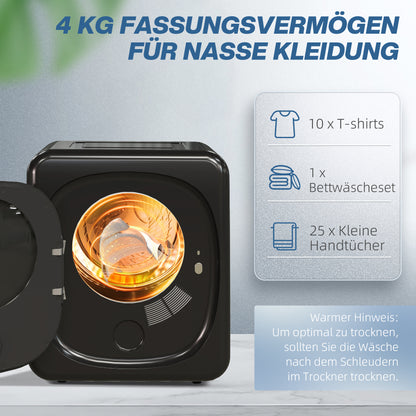 HOMCOM Wäschetrockner mit UV-Desinfektion, kompakte Bauweise, 4 kg Kapazität, Edelstahl, Schwarz