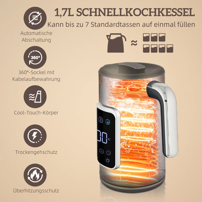 HOMCOM Wasserkocher und Toaster-Set mit LED-Touchscreen, 1,7 L, 2 Toasterschlitze, verschiedene Modi und Funktionen, Schwarz
