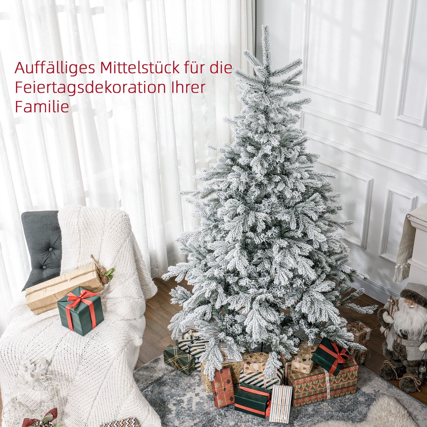 HOMCOM Weihnachtsbaum 180 cm, mit Kunstschnee, flammhemmend, schneller Auf- und Abbau, Metallbasis