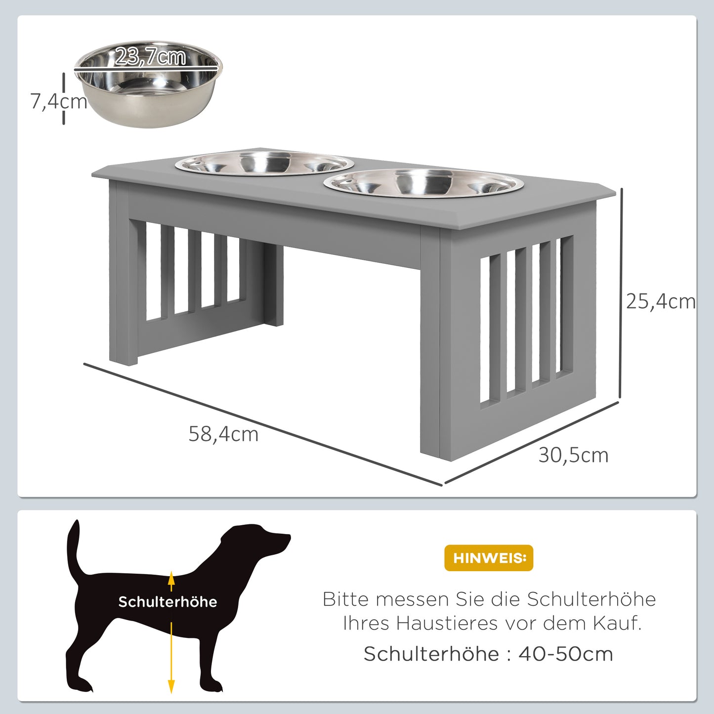 PawHut Hunde-Futterstation, 2 Edelstahlnäpfe, rutschfest, 58,4x30,5x25,4cm, Grau