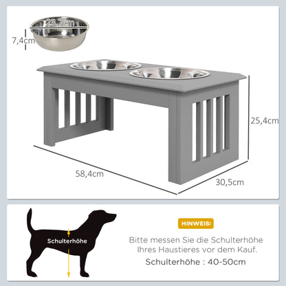 PawHut Hunde-Futterstation, 2 Edelstahlnäpfe, rutschfest, 58,4x30,5x25,4cm, Grau