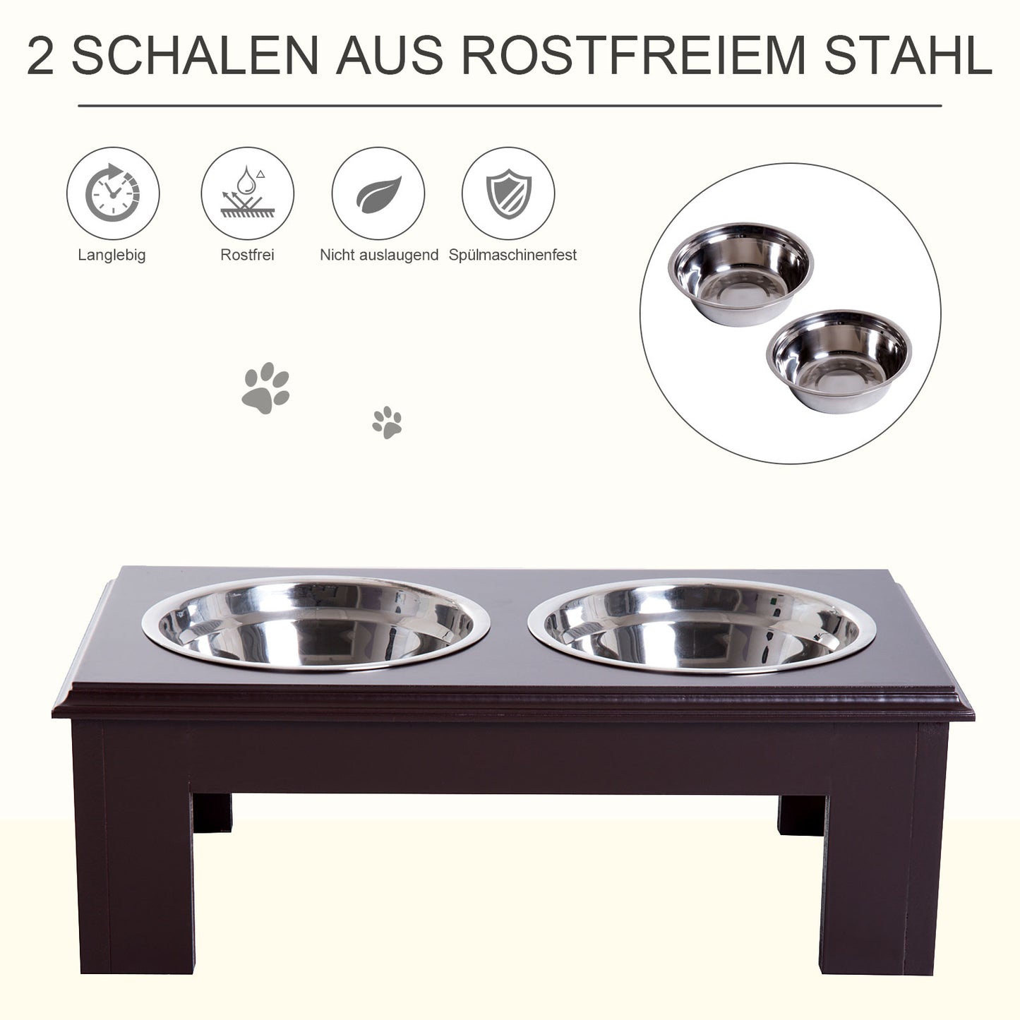 PawHut Erhöhter Hundenapf Futternapf mit 2 Näpfe Wassernapf 2 x 900ml Edelstahlnäpfen Fressnapf Futterstation Hundenäpfe för små Hunde Katzen Espresso
