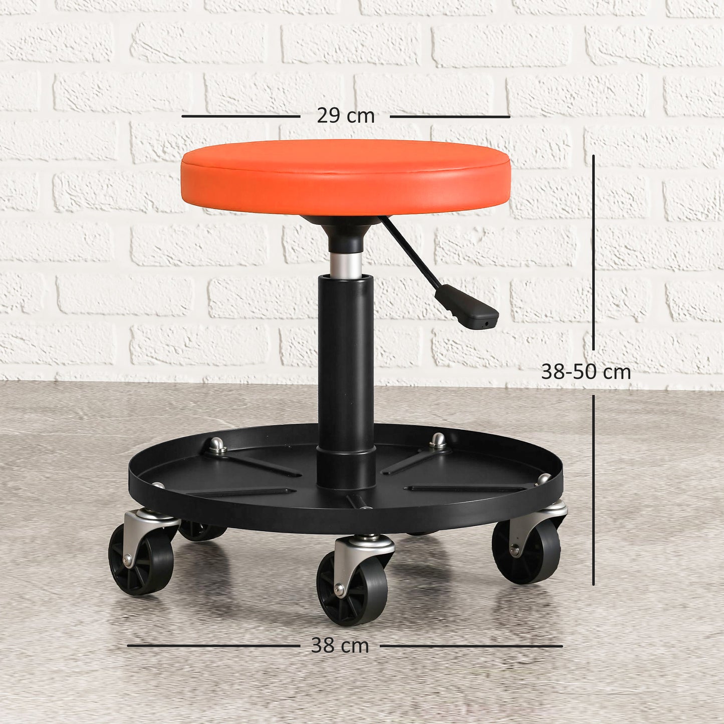 HOMCOM Werkstatthocker mit Rollen Ablagefläche höhenverstellbar 38-50cm bis 135 kg belastbar Orange