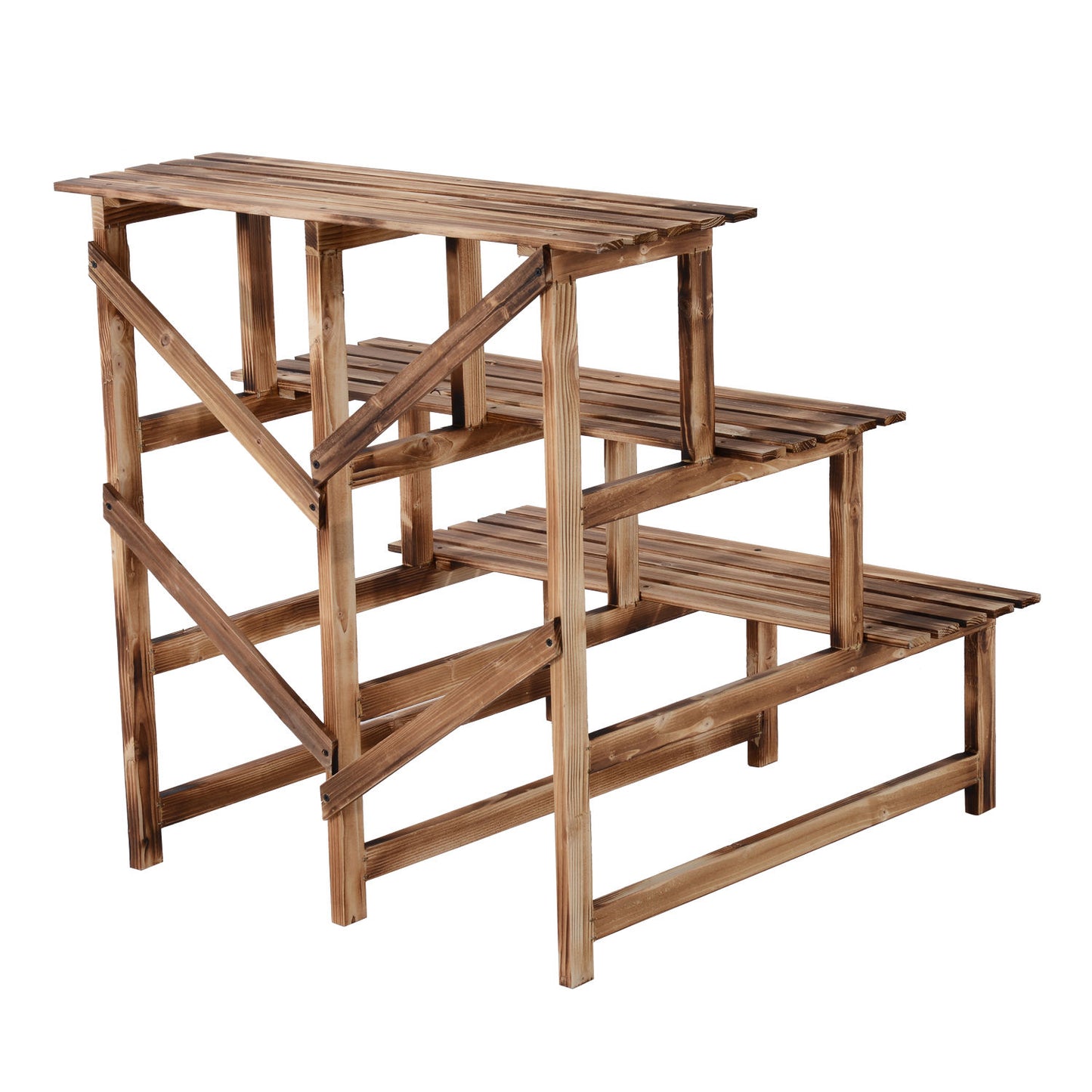 Outsunny Pflanzentreppe, Blumentreppe, Blumenregal, Pflanzregal, Blumenständer, 3 Stufen, Tannenholz, 80 x 80 x 78cm