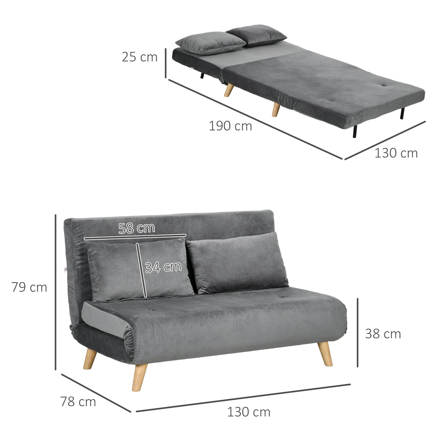 HOMCOM Schlafsofa Relaxsofa Sofa Couch, inkl. 2 Kissen, Samtoptik, 130 x 78 x 79 cm, Grau