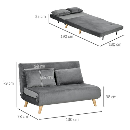 HOMCOM Schlafsofa Relaxsofa Sofa Couch, inkl. 2 Kissen, Samtoptik, 130 x 78 x 79 cm, Grau