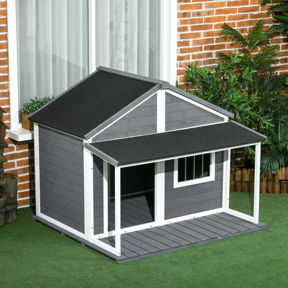PawHut Hundehütte Outdoor-Hundehütte, inkl. Veranda, wetterbeständig, 124 cm x 112 cm x 105 cm, Grau + Weiß