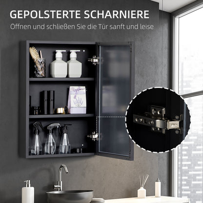 kleankin Spiegelschrank, Badschrank, 3 Regalfächer, Edelstahl, 40x12x60cm, Schwarz