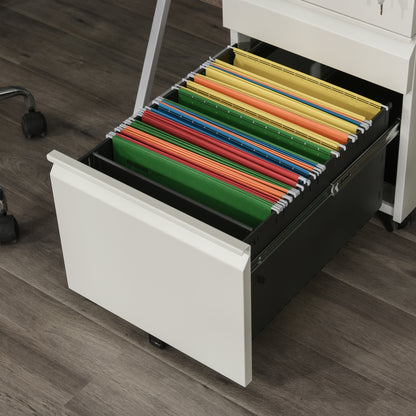 HOMCOM Rollcontainer mit 3 Schubladen mobiler Aktenschrank mit Rollen abschließbar Büroschrank mit konkavem Griff, Schubladenschrank für Büro, Homeoffice, 39 x 48 x 60 cm, Weiß