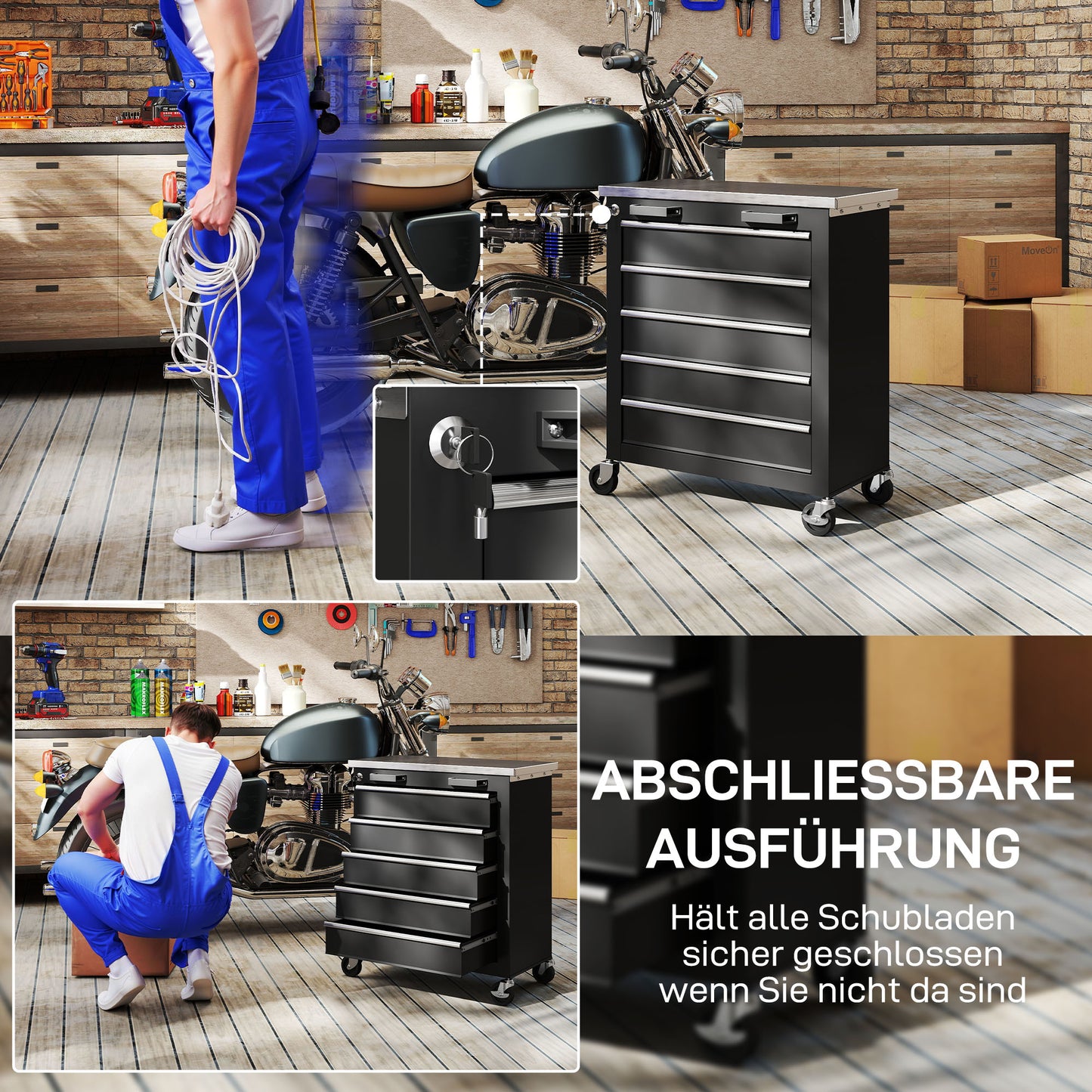 HOMCOM Werkzeugschrank mit 5 Schubladen, rollbare Werkzeugkiste, Werkzeugwagen aus Stahl, Silberton+Schwarz