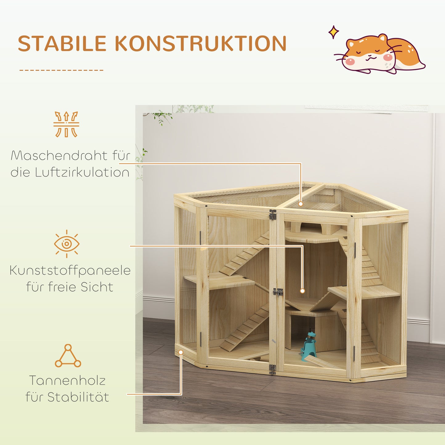 PawHut Hamsterkäfig, 4-Ebenen-Design, mit Fütterungsstation, Wippe, Rampe, Hütten, 115 x 69,5 x 79 cm, Holz