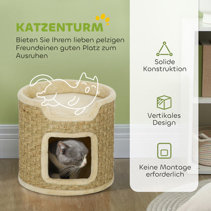 PawHut Katzenkratzbaum, Spiel- und Entspannungsbereich, Plüsch, Φ38 x 37H cm, Khaki-Beige, till 5 kg