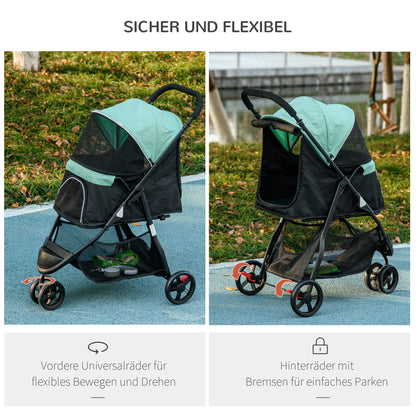PawHut Haustierbuggy Hundebuggy, klappbar, mit Regenschutz, 2 Getränkehalter, Blau + Grün