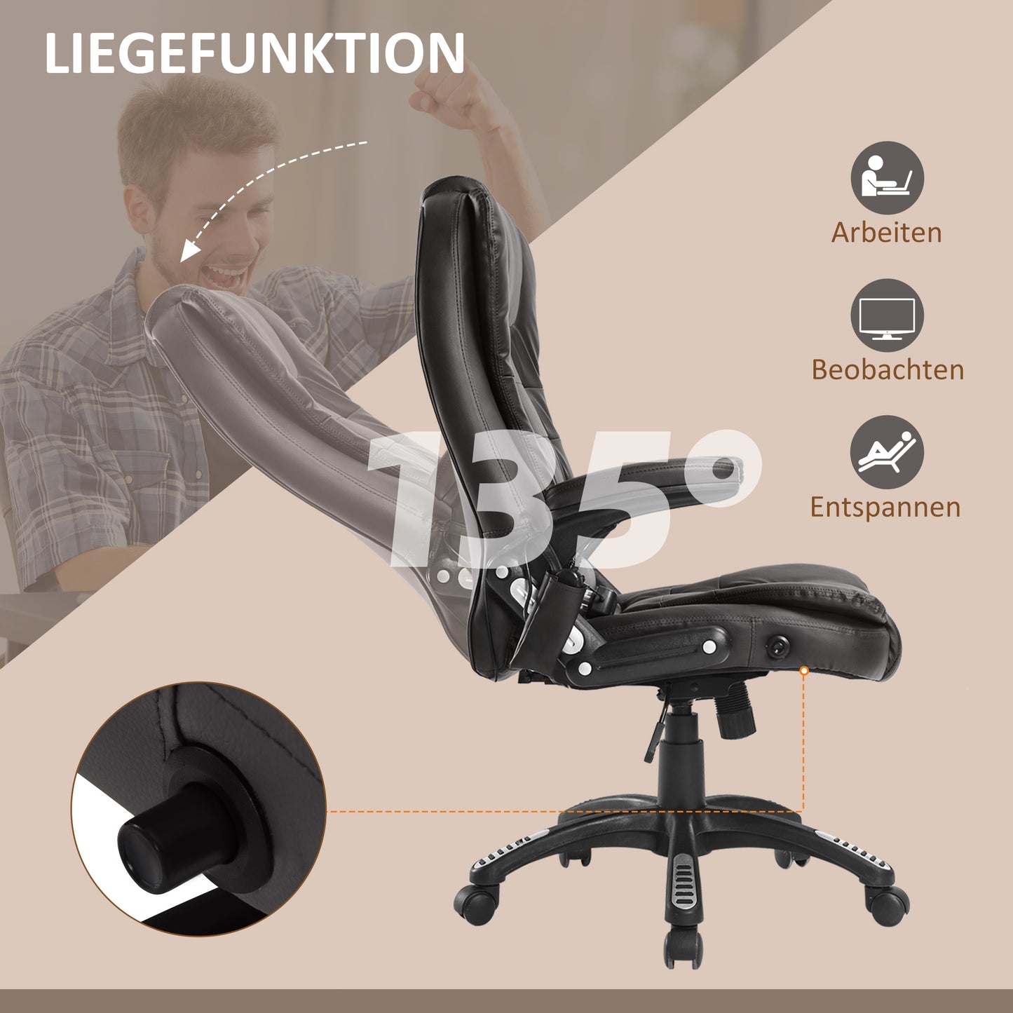 HOMCOM Bürostuhl mit Massagefunktion Ergonomischer Chefsessel mit Heizfunktion, Liegefunktion, Wippfunktion, Höhenverstellbar 360° Drehbar Schreibtischstuhl, Kunstleder, Braun