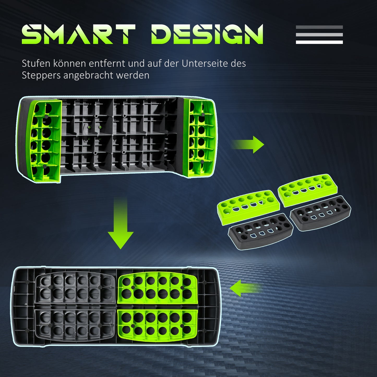 HOMCOM Aerobik-Stepper, 3-stufig höhenverstellbar, bis 150 kg, 78 x 28 x 20 cm, Grau/Grün