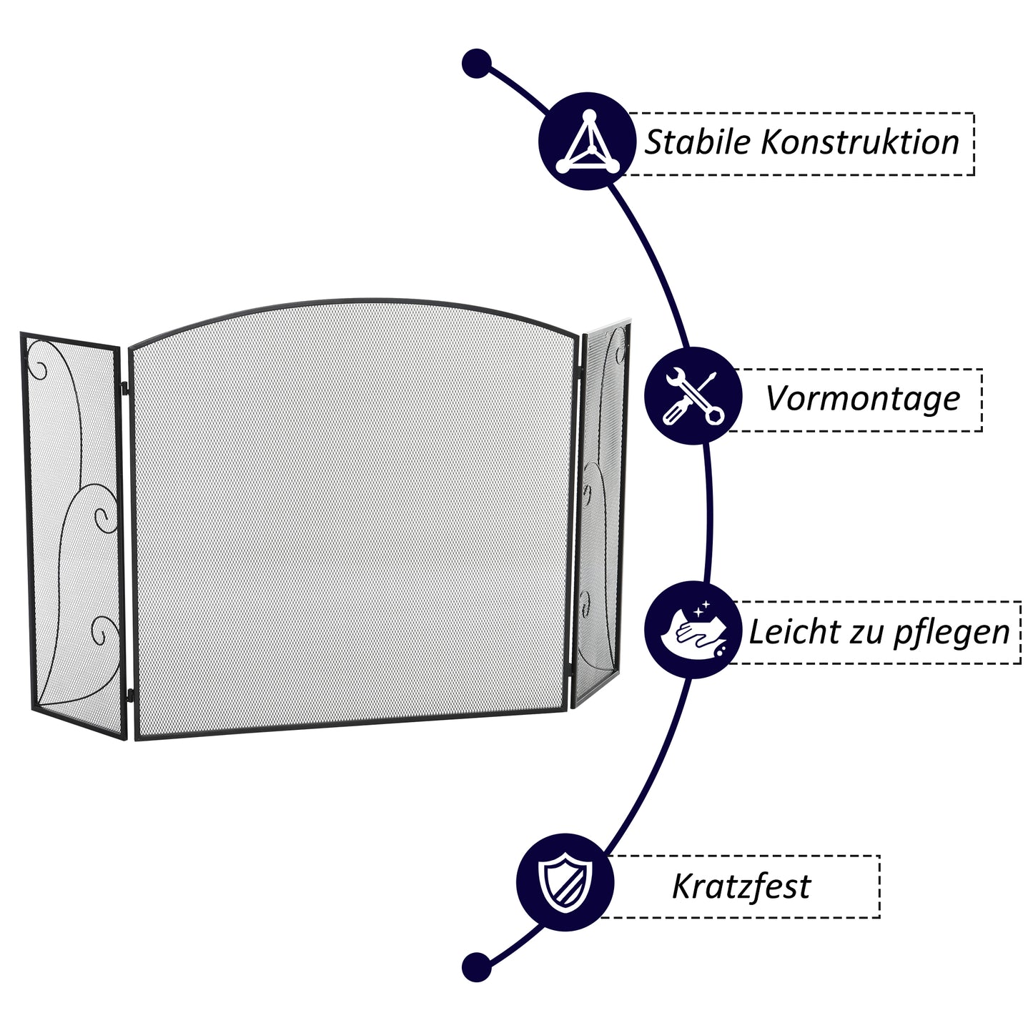 HOMCOM Funkenschutz für Kamine, 3 Paneele, klappbar, flexibel, Metall, schwarz, 132,5 x 76,5cm