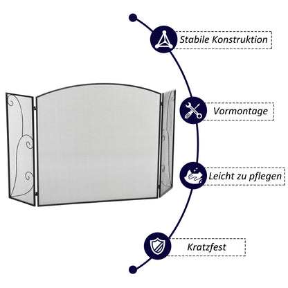 HOMCOM Funkenschutz für Kamine, 3 Paneele, klappbar, flexibel, Metall, schwarz, 132,5 x 76,5cm