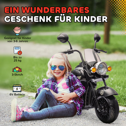 AIYAPLAY Elektro-Kindermotorrad, 3-5 km/h, Chopper, Licht & Musik, für Kinder 3-6 Jahre, Schwarz