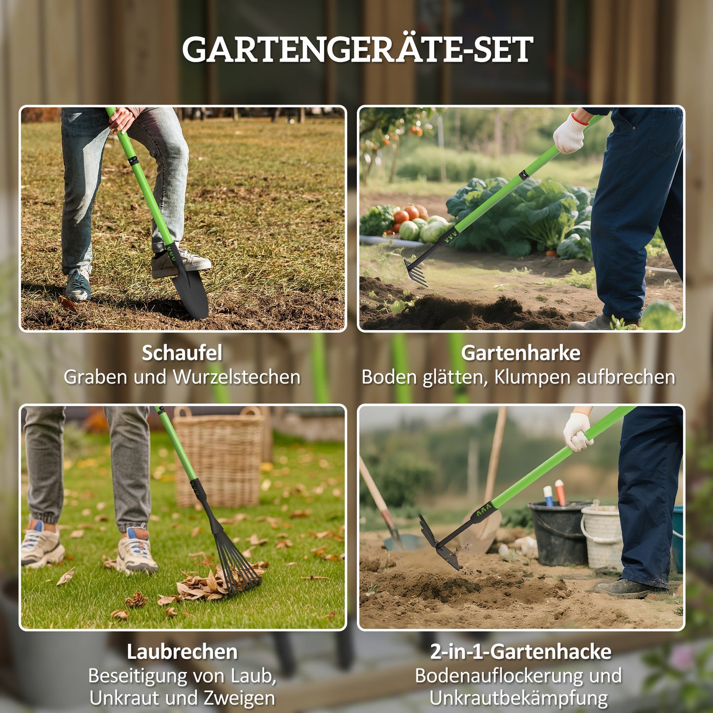 Outsunny Gartenwerkzeug-Set 4 Stück Gartengeräte-Set mit Schaufel Gartenhacke Gartenrechen Laubrechen Grün