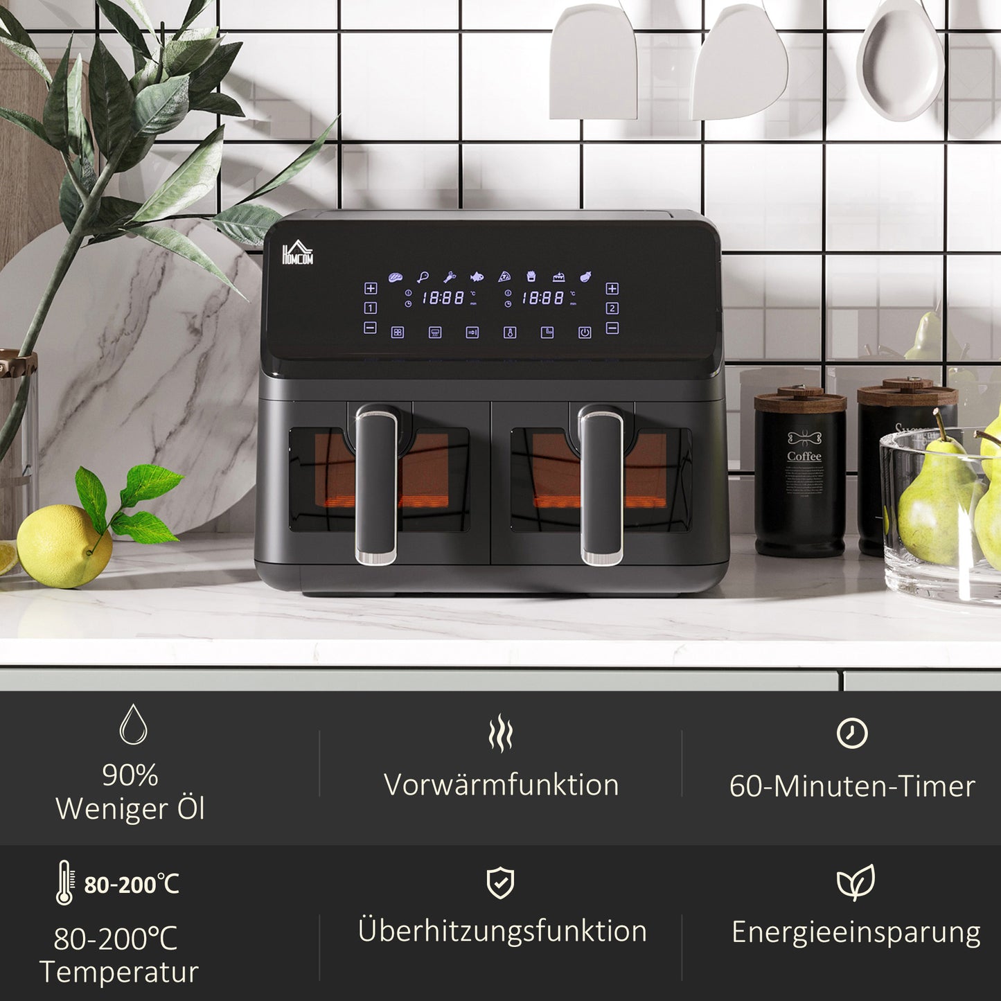 HOMCOM Heißluftfritteuse, 2 Frittierkörbe á 4 Liter, 8 Programme, Licht, Timer, 38,5 x 38 x 30,5 cm, Schwarz