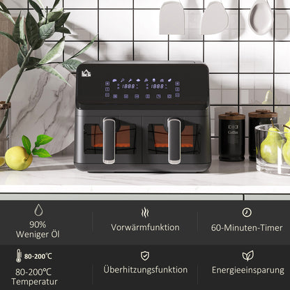 HOMCOM Heißluftfritteuse, 2 Frittierkörbe á 4 Liter, 8 Programme, Licht, Timer, 38,5 x 38 x 30,5 cm, Schwarz