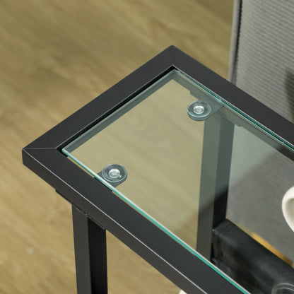 HOMCOM Beistelltisch aus Metall mit Stofftasche und Glasplatte, schmaler Tisch für Wohnzimmer, Schlafzimmer, Schwarz