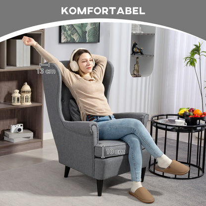HOMCOM Ohrensessel mit Fußhocker, Polstersessel mit Kautschukholzbeinen, Stoffbezug, Grau