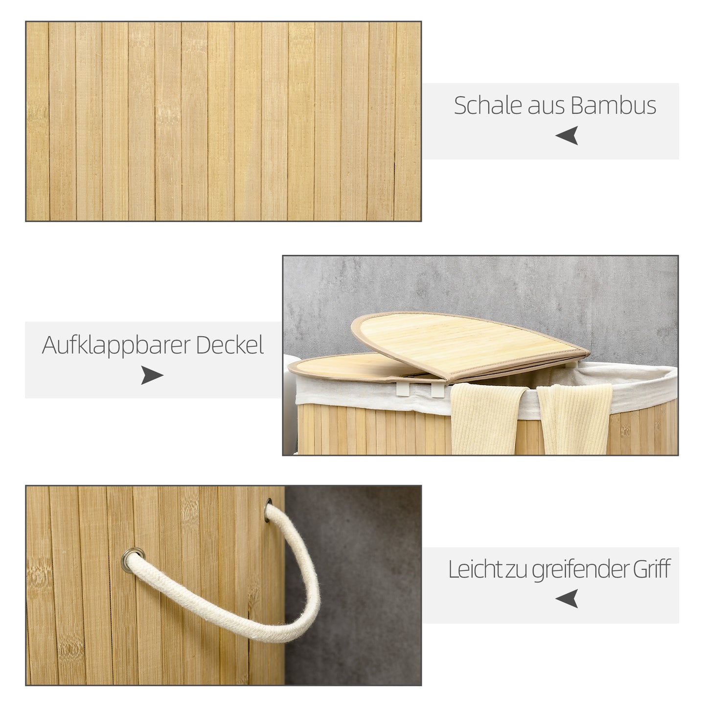 HOMCOM Wäschekorb 100L mit herausnehmbaren Wäschebank 62,5 cm x 37 cm x 60,5 cm Natur + Weiß