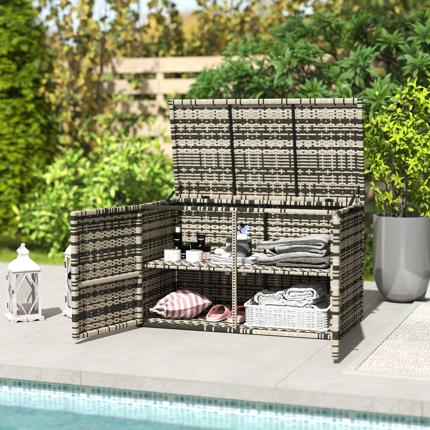 Outsunny Rattan Auflagenbox 350L 2-Ebenne Kissenbox mit Deckel Hebestangen Tragegriffe 118 x 57 x 69 cm Mischgrau