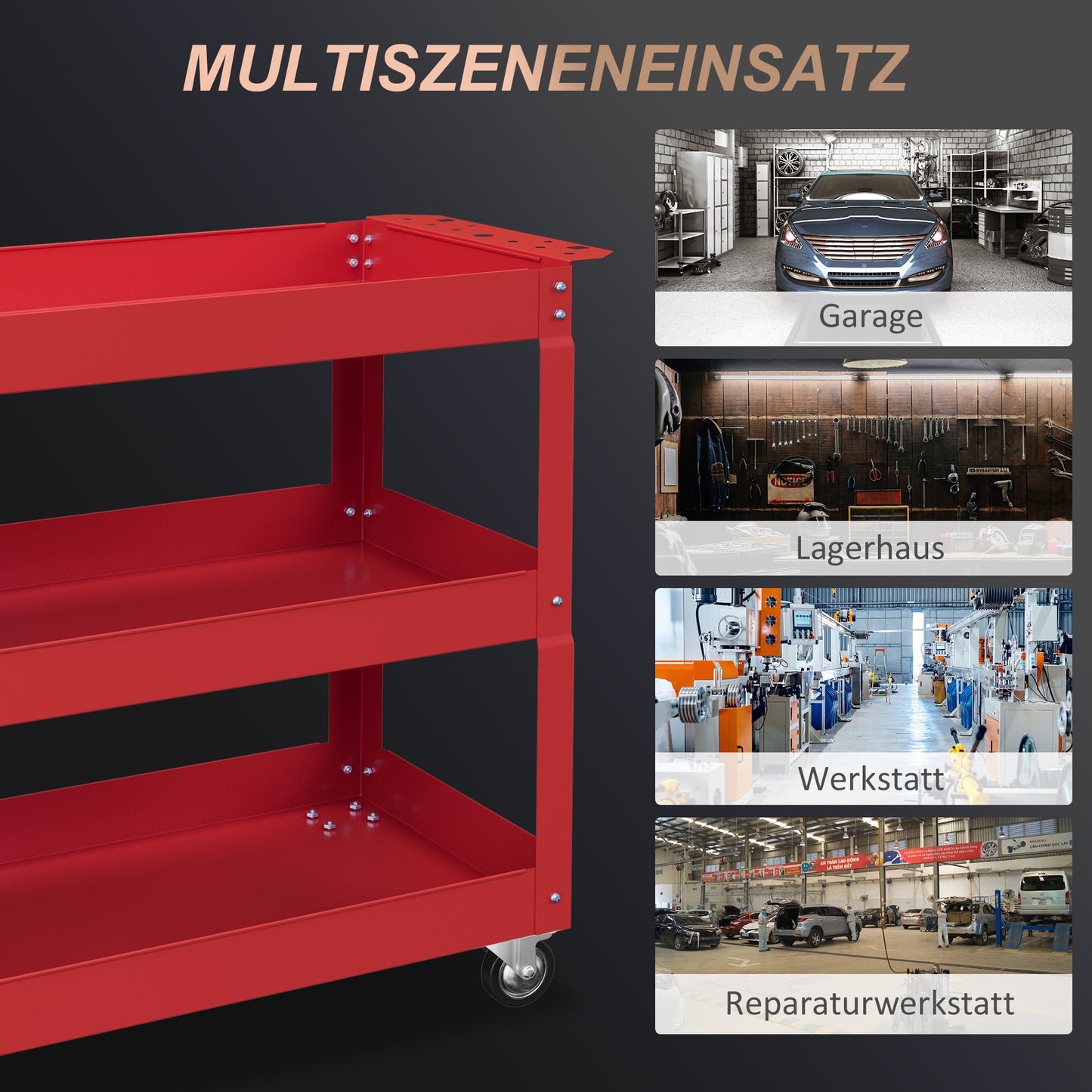 DURHAND 3-stufiger Werkzeugwagen, 4 Rollen, Stahl, 83B x 35,3T x 76H cm, Rot