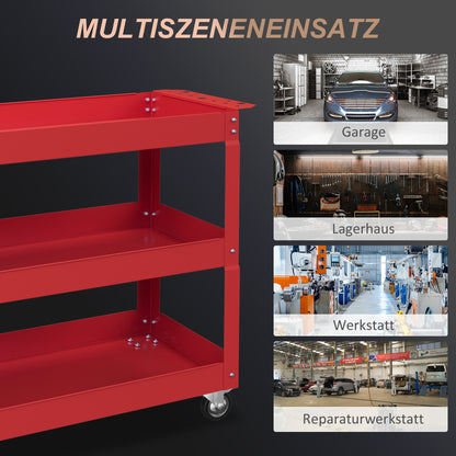DURHAND 3-stufiger Werkzeugwagen, 4 Rollen, Stahl, 83B x 35,3T x 76H cm, Rot