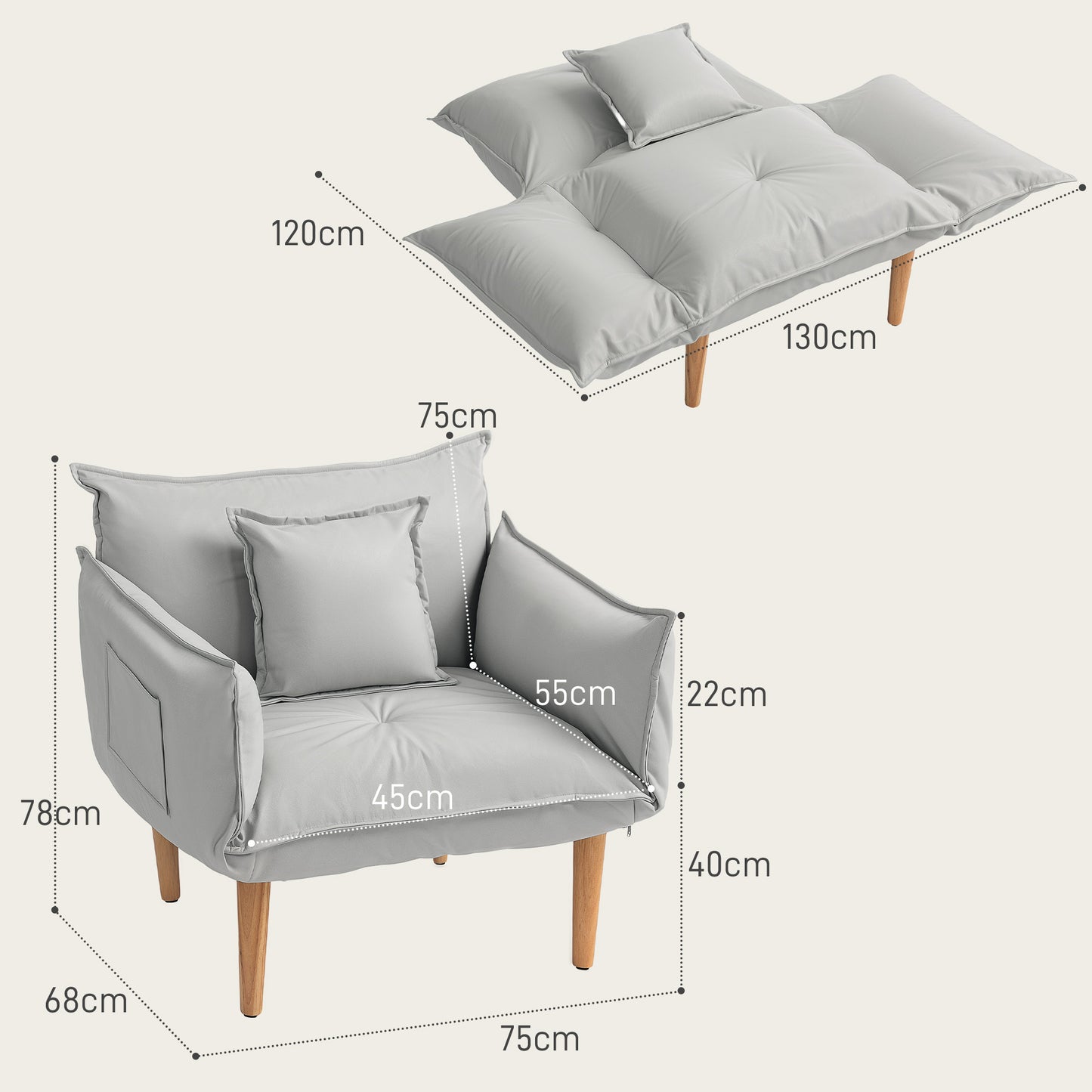 HOMCOM 2-in-1 Verstellbarer Loungesessel, Bodensessel mit Kissen, Polstersessel, für Wohnzimmer, Schlafzimmer, Hellgrau