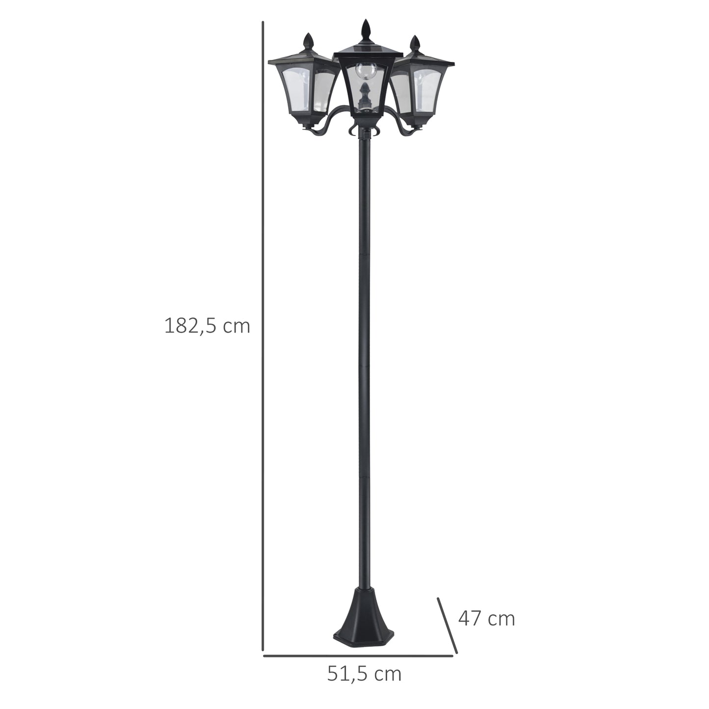 Outsunny Solar Gartenlaterne med 3 flammig Laterne Mast aus Edelstahl Solarlaterne med LED 120 Lumen 51,5x47x182,5cm Wegeleuchte IP44 för Garten Balkon Schwarz