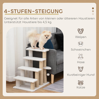PawHut Katzentreppe 4-stufige Haustiertreppe mit Kratzsäulen Ball Hundetreppe Tiertreppe für Katzen bis 5 kg Plüsch Jute Weiß 60 x 40 x 64 cm