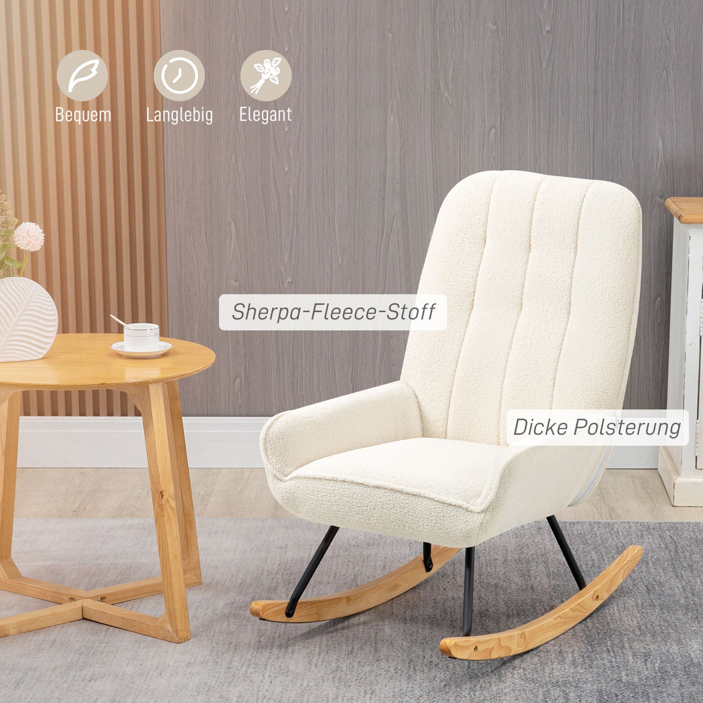 HOMCOM Schaukelstuhl mit Sherpa-Vlies 63 cm x 95cm x 97 cm Natur+ Creme